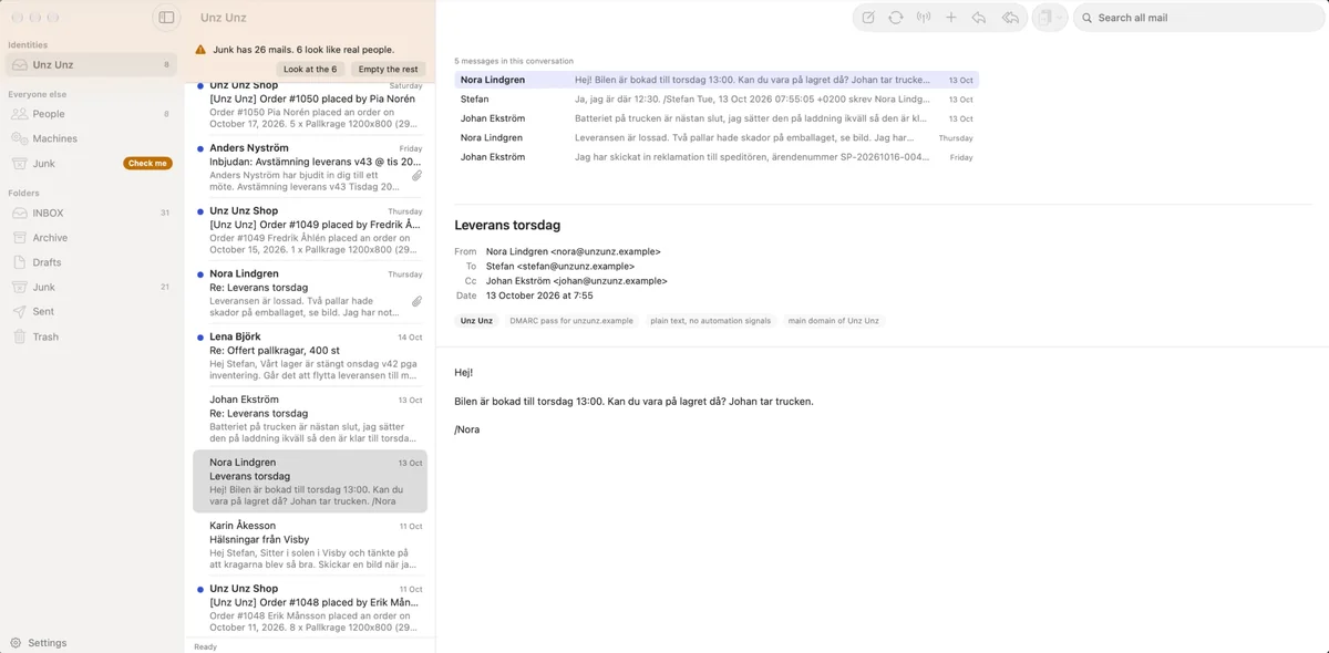 Something Mail on a Mac: a conversation about a delivery, with the inbox sorted into people, machines and junk